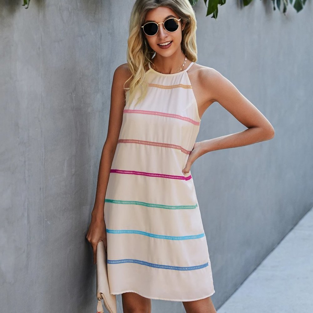 Women Halter Neck Sleeveless Striped Solid Loose Fit Tunic Short Dress